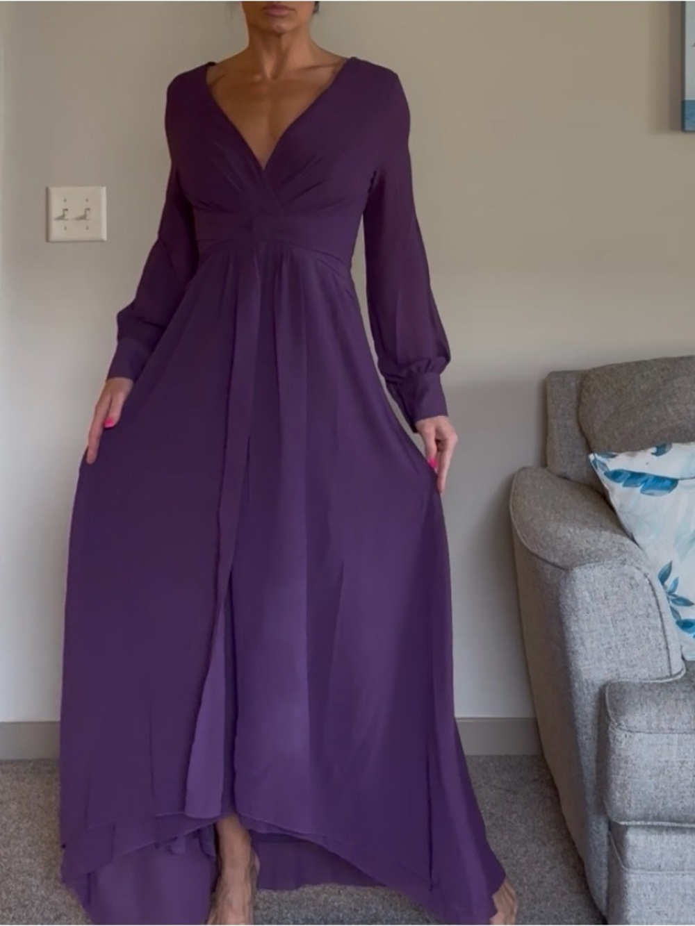 Elegant Purple V-Neck Long Sleeve Maxi Dress